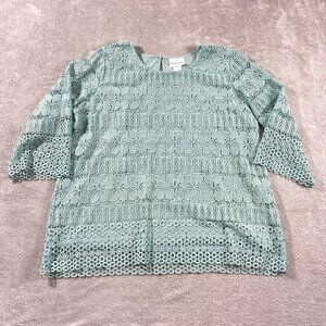 Alfred Dunner Teal Short Sleeve Crochet‎ Top L Coquet Cottagecore Grandma Eyelet
